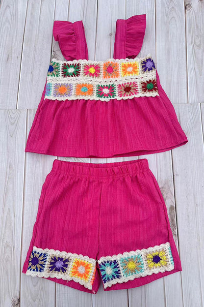Knitted trim & Pink short sleeve top & shorts 2pc girls set 251290M