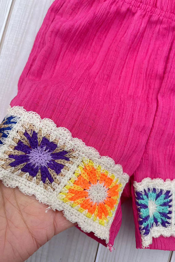 Knitted trim & Pink short sleeve top & shorts 2pc girls set 251290M