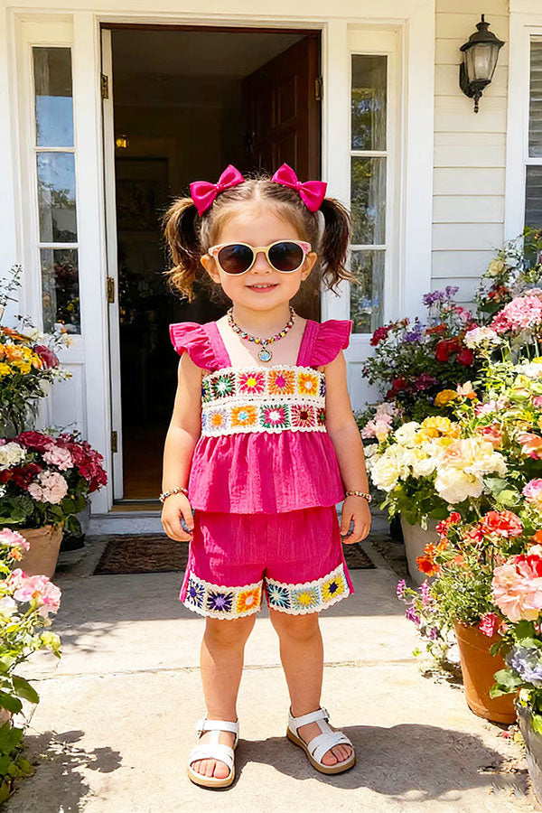 Knitted trim & Pink short sleeve top & shorts 2pc girls set 251290M