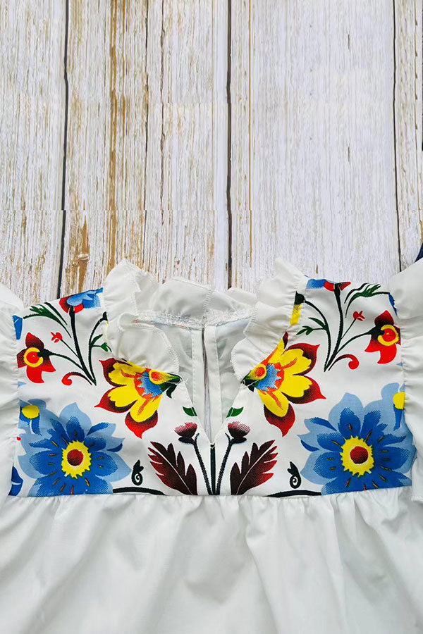 Floral printed white top & lace trim denim pant 2pc girls set 251291M