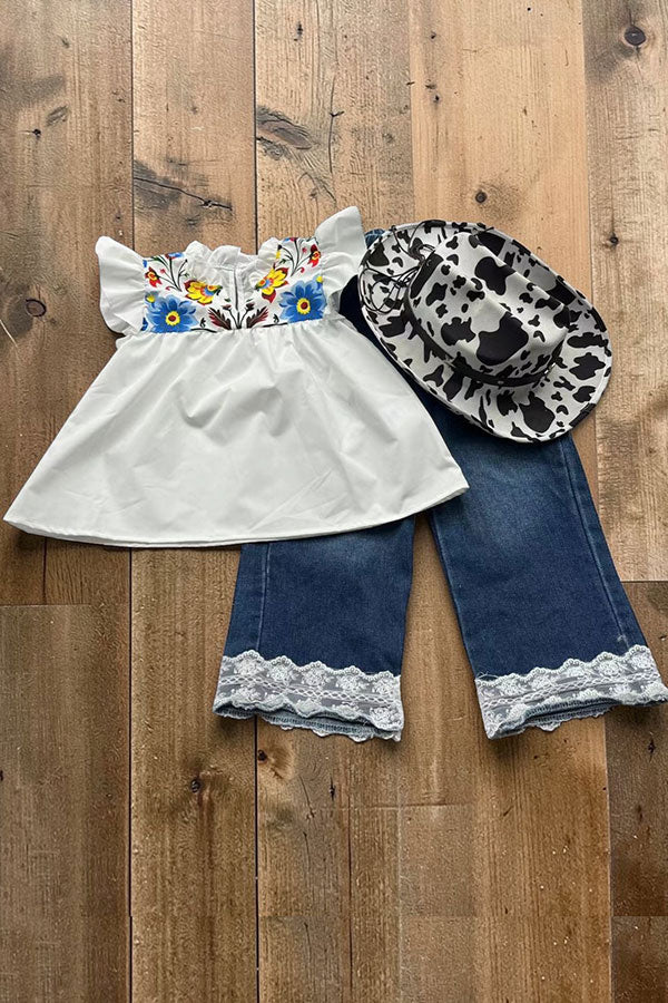 Floral printed white top & lace trim denim pant 2pc girls set 251291M