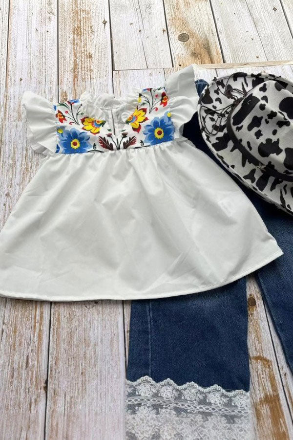Floral printed white top & lace trim denim pant 2pc girls set 251291M