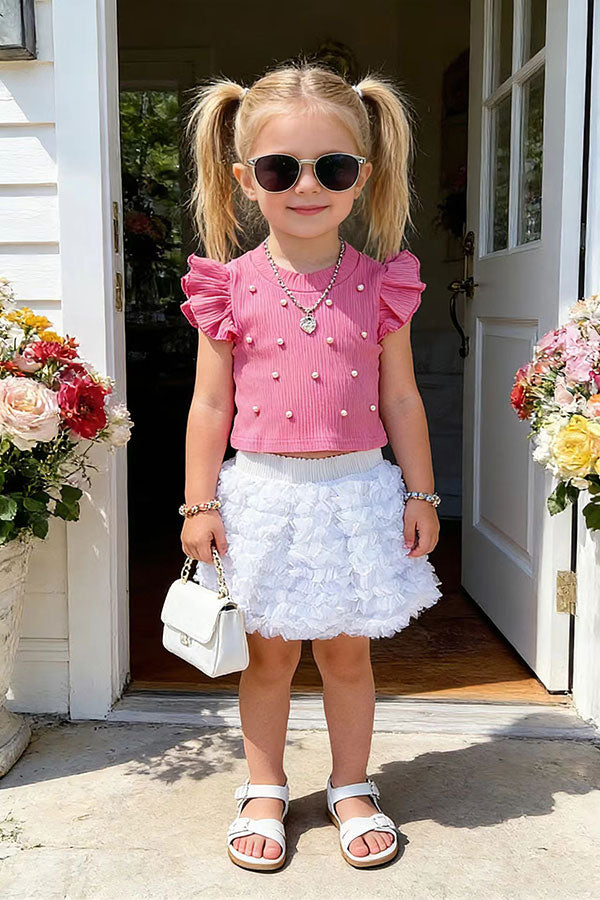 Knitted pink ruffle short sleeves pearls top & tutu skirt 2pc girls set 251292M