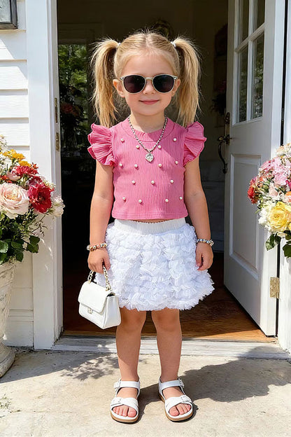 Knitted pink ruffle short sleeves pearls top & tutu skirt 2pc girls set 251292M