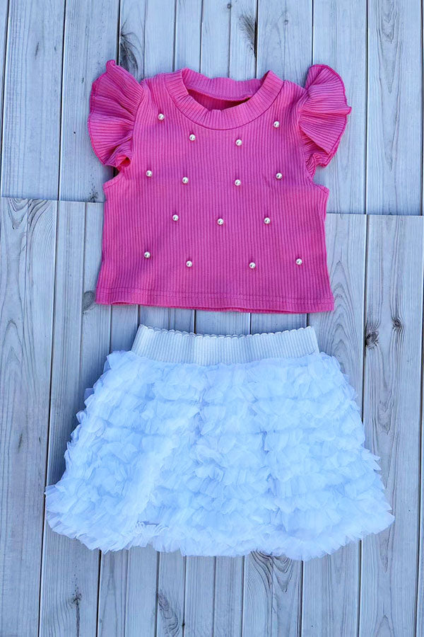 Knitted pink ruffle short sleeves pearls top & tutu skirt 2pc girls set 251292M