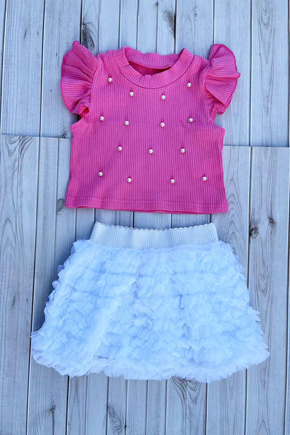 Knitted pink ruffle short sleeves pearls top & tutu skirt 2pc girls set 251292M