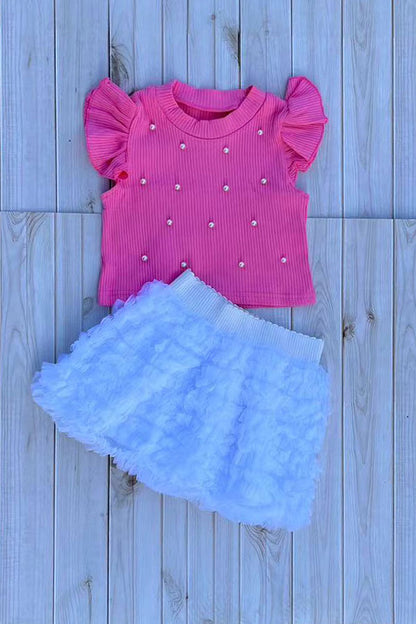 Knitted pink ruffle short sleeves pearls top & tutu skirt 2pc girls set 251292M