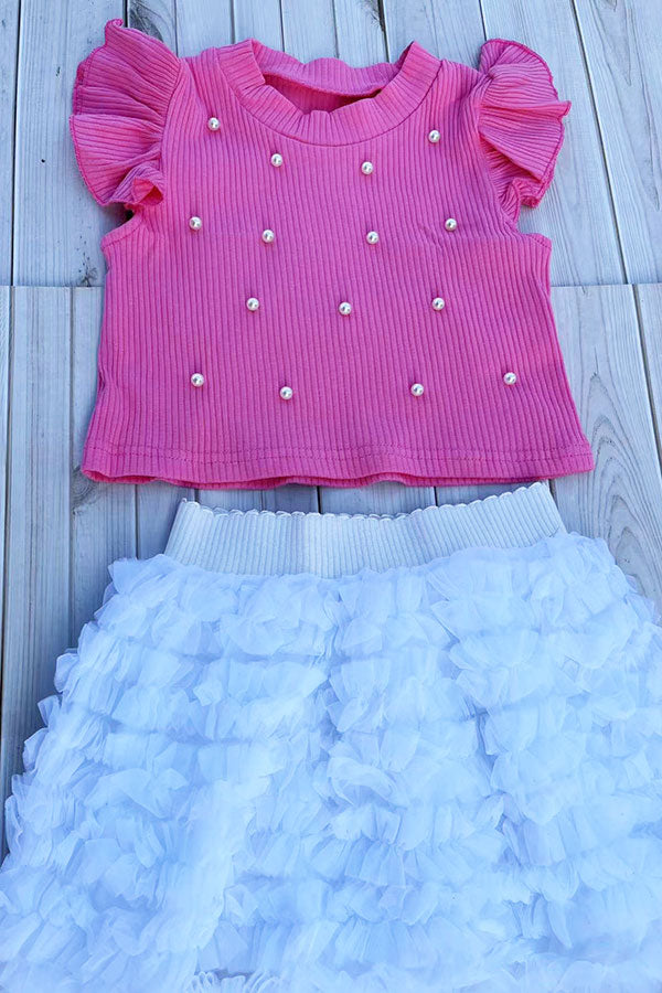 Knitted pink ruffle short sleeves pearls top & tutu skirt 2pc girls set 251292M