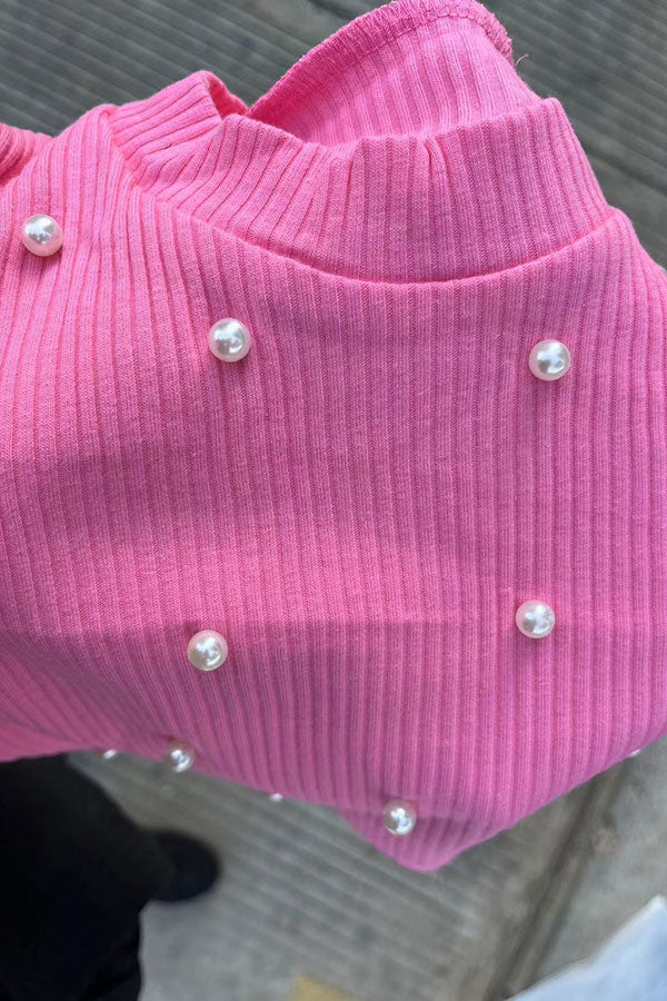 Knitted pink ruffle short sleeves pearls top & tutu skirt 2pc girls set 251292M
