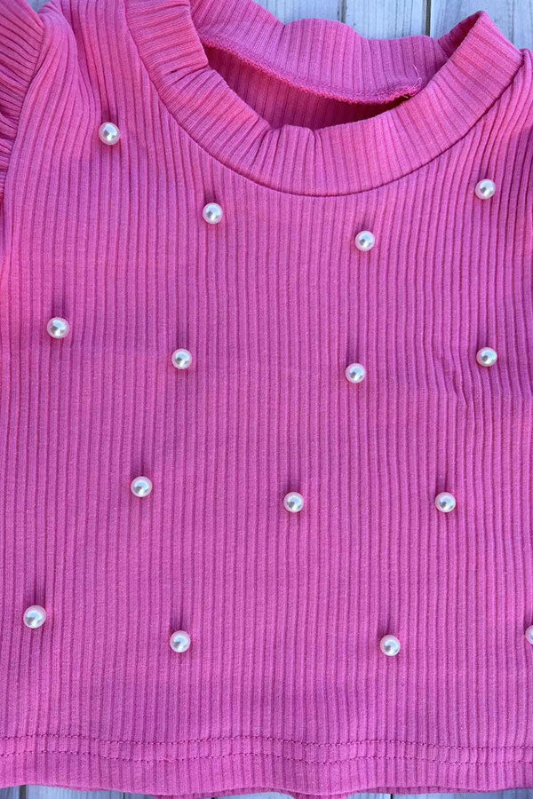 Knitted pink ruffle short sleeves pearls top & tutu skirt 2pc girls set 251292M