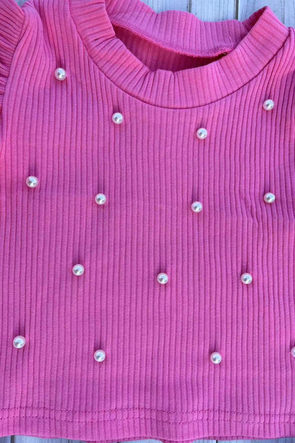 Knitted pink ruffle short sleeves pearls top & tutu skirt 2pc girls set 251292M