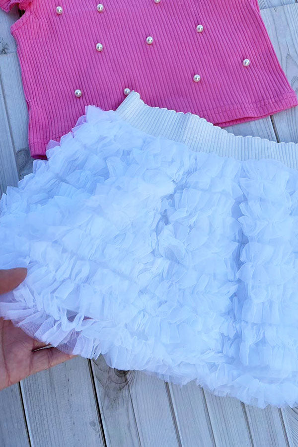 Knitted pink ruffle short sleeves pearls top & tutu skirt 2pc girls set 251292M