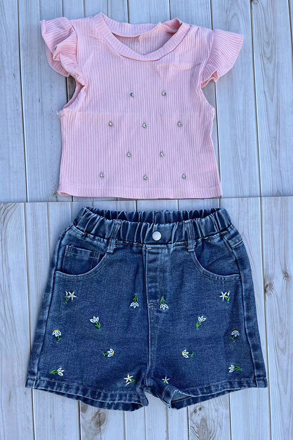 Rhinestone crop & floral embroidery shorts 2pc girls set 251293M