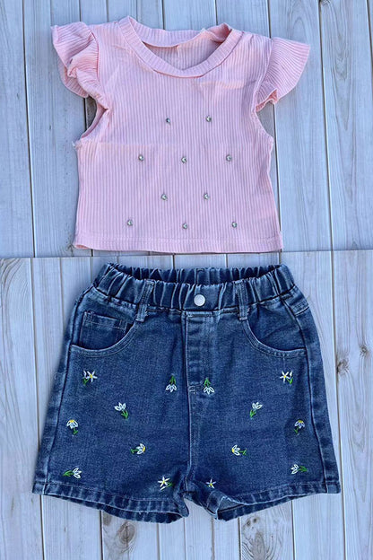 Rhinestone crop & floral embroidery shorts 2pc girls set 251293M
