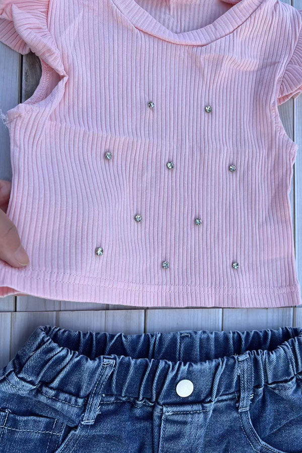 Rhinestone crop & floral embroidery shorts 2pc girls set 251293M