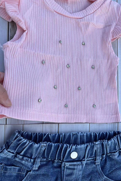 Rhinestone crop & floral embroidery shorts 2pc girls set 251293M