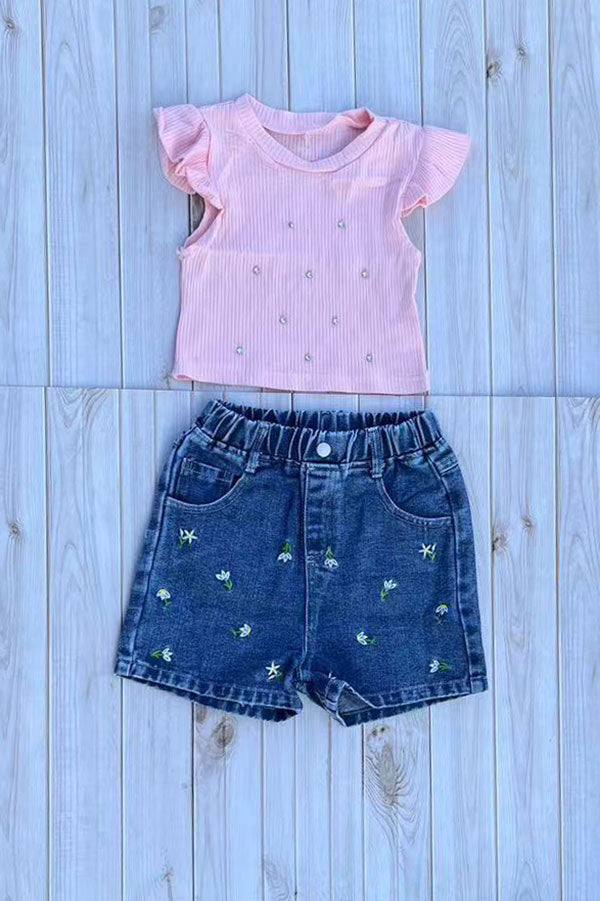 Rhinestone crop & floral embroidery shorts 2pc girls set 251293M