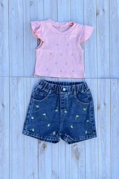 Rhinestone crop & floral embroidery shorts 2pc girls set 251293M