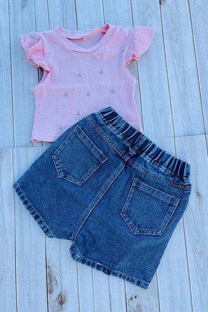 Rhinestone crop & floral embroidery shorts 2pc girls set 251293M