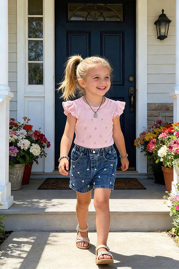 Rhinestone crop & floral embroidery shorts 2pc girls set 251293M