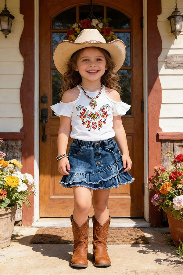 Cold shoulder sleeves floral printed white top & denim skirt 2pc girls set 251294M