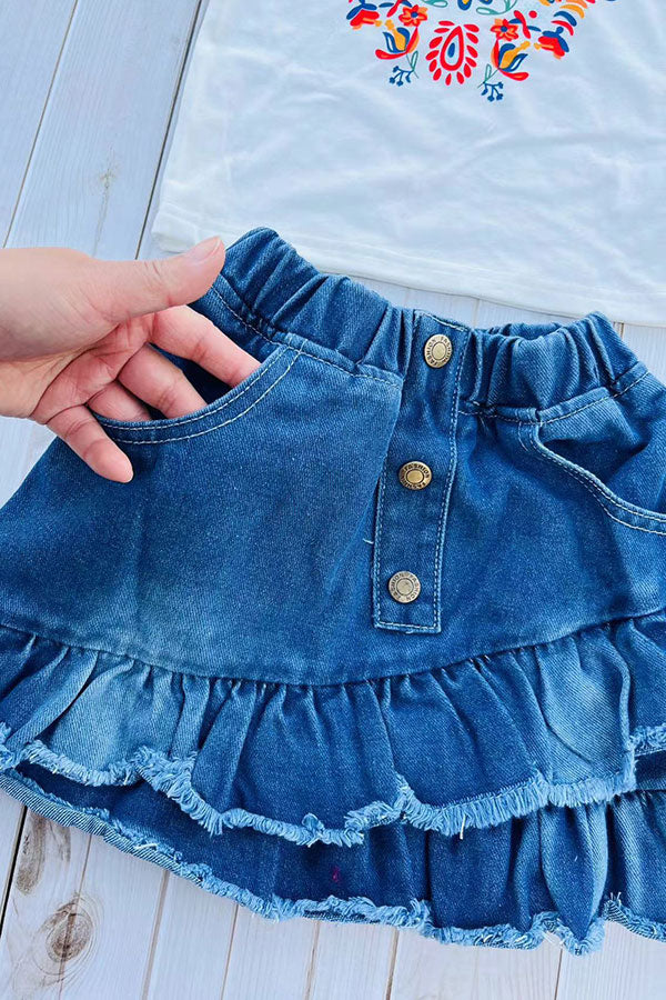 Cold shoulder sleeves floral printed white top & denim skirt 2pc girls set 251294M