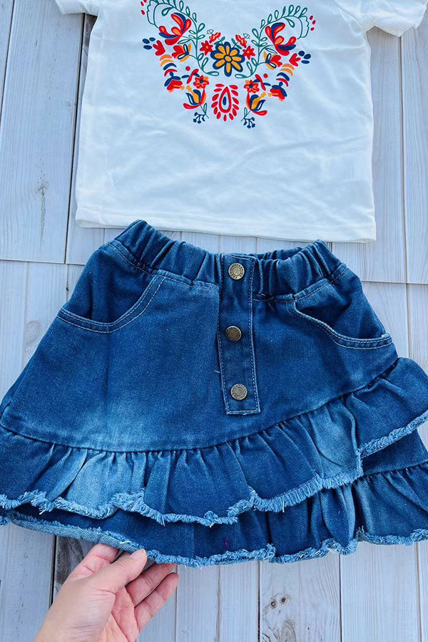 Cold shoulder sleeves floral printed white top & denim skirt 2pc girls set 251294M