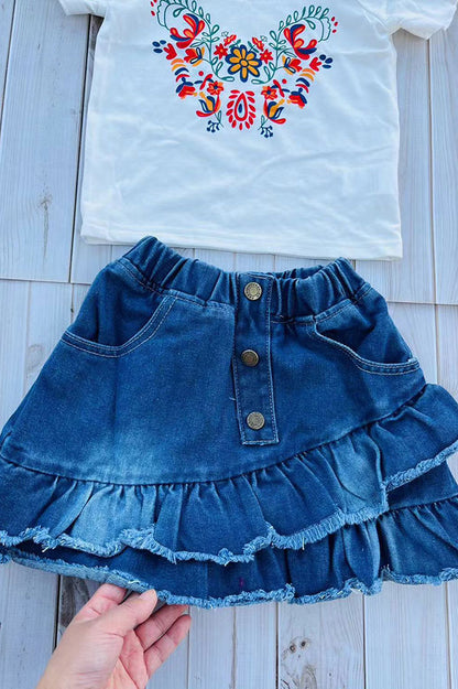 Cold shoulder sleeves floral printed white top & denim skirt 2pc girls set 251294M