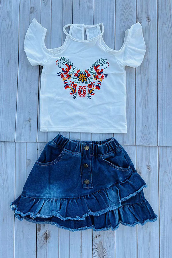 Cold shoulder sleeves floral printed white top & denim skirt 2pc girls set 251294M