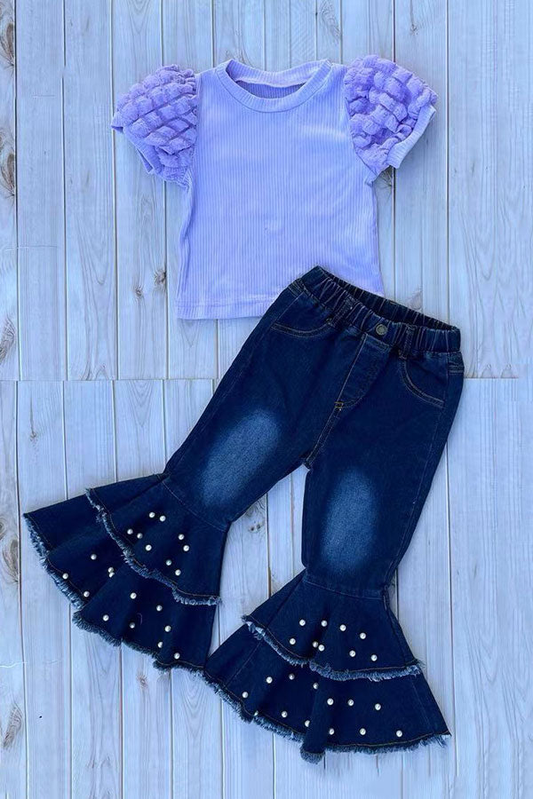 Lavander puff short sleeve top & pearls bell bottom jeans 2pc girls sets 251295M