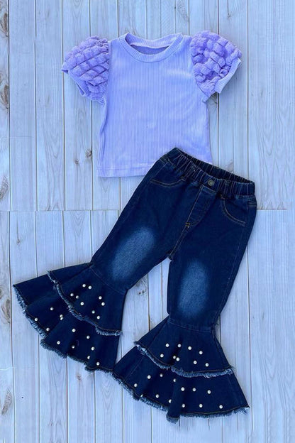 Lavander puff short sleeve top & pearls bell bottom jeans 2pc girls sets 251295M
