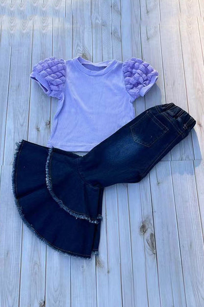Lavander puff short sleeve top & pearls bell bottom jeans 2pc girls sets 251295M