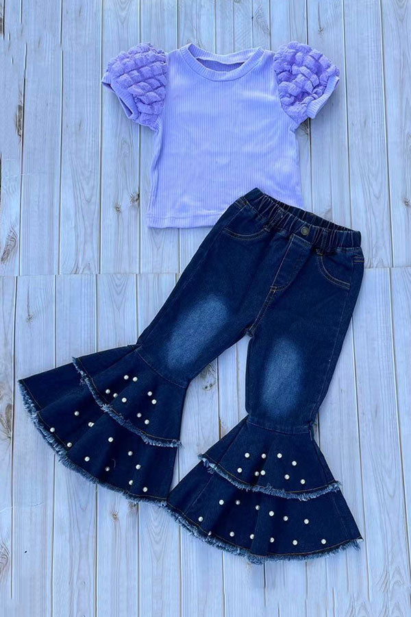 Lavander puff short sleeve top & pearls bell bottom jeans 2pc girls sets 251295M