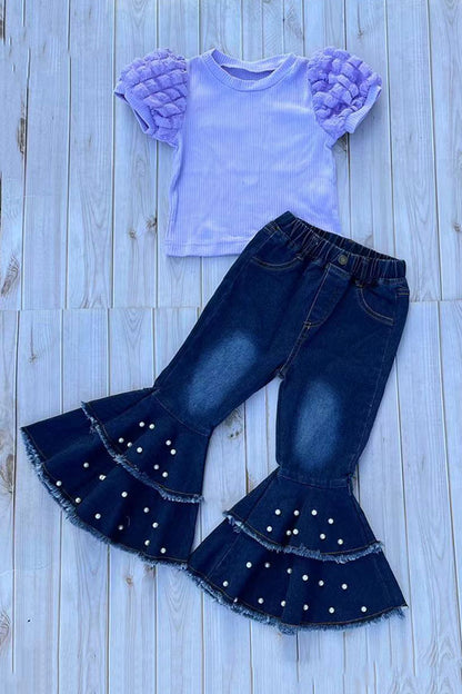 Lavander puff short sleeve top & pearls bell bottom jeans 2pc girls sets 251295M