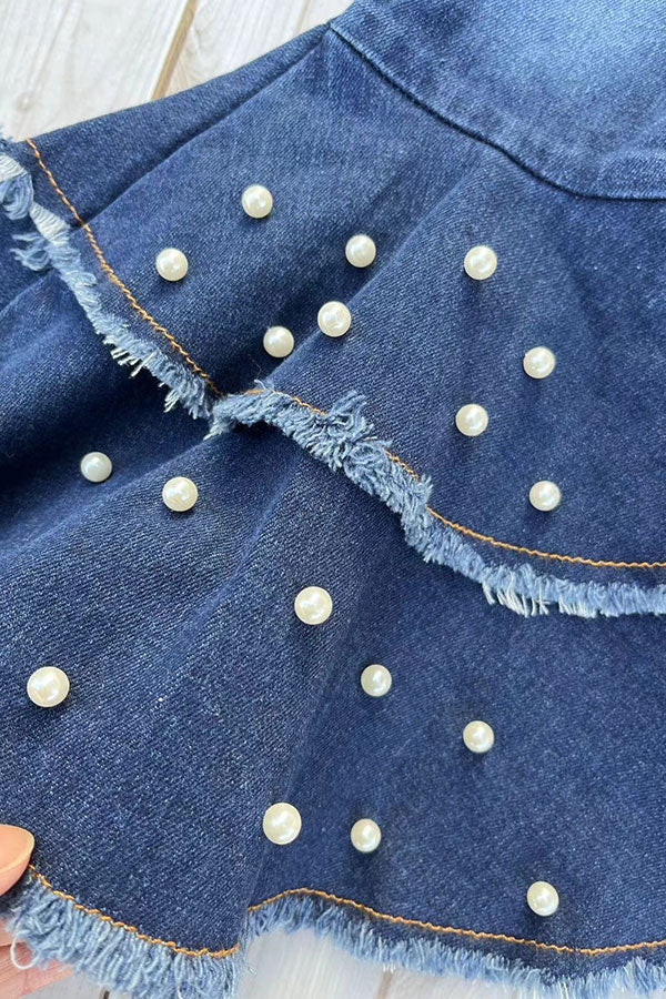 Lavander puff short sleeve top & pearls bell bottom jeans 2pc girls sets 251295M