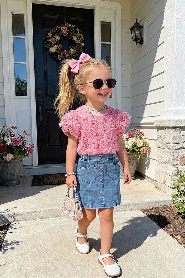Pink rose cropped top & denim skirt with heart pockets 2pc girls set 251296M