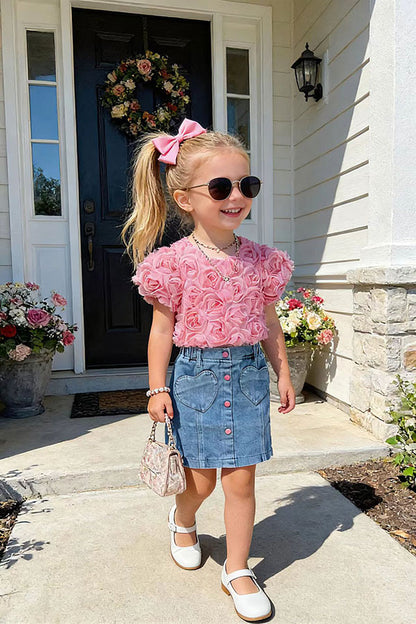 Pink rose cropped top & denim skirt with heart pockets 2pc girls set 251296M
