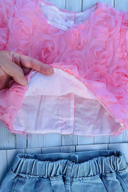 Pink rose cropped top & denim skirt with heart pockets 2pc girls set 251296M
