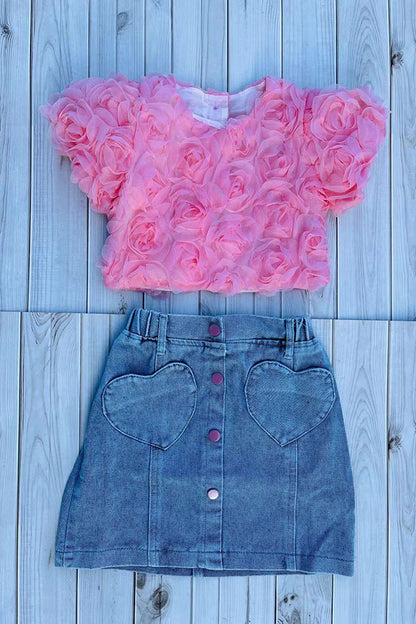Pink rose cropped top & denim skirt with heart pockets 2pc girls set 251296M