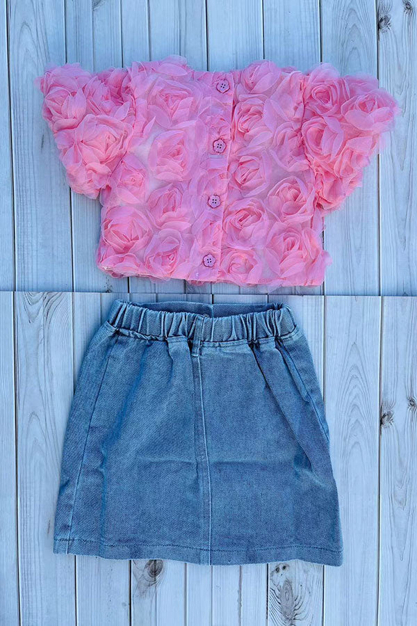 Pink rose cropped top & denim skirt with heart pockets 2pc girls set 251296M