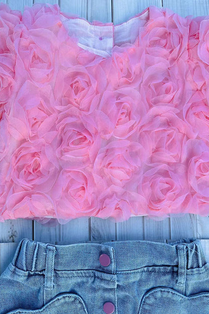 Pink rose cropped top & denim skirt with heart pockets 2pc girls set 251296M