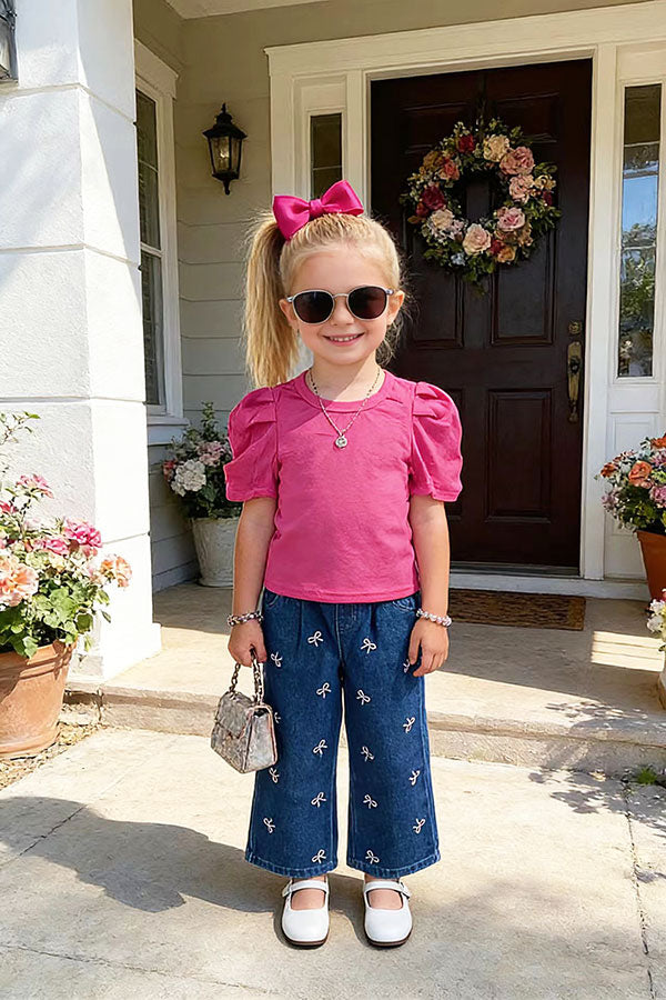 Pink short sleeve top & pink bow embroidery jeans 2pc girls set 251297M