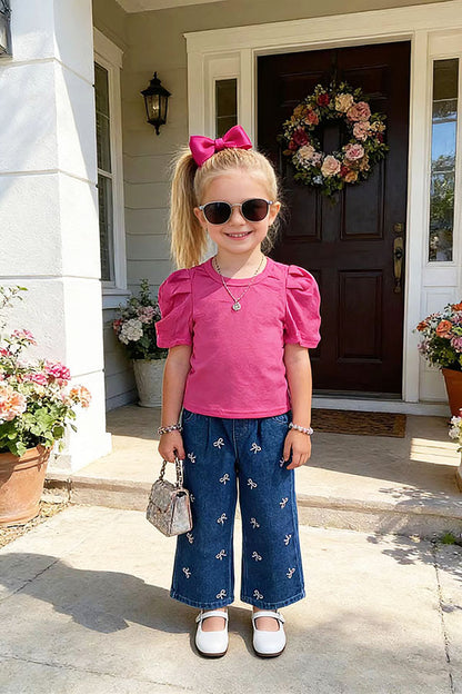 Pink short sleeve top & pink bow embroidery jeans 2pc girls set 251297M