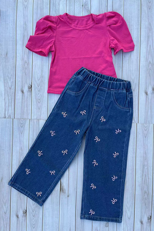 Pink short sleeve top & pink bow embroidery jeans 2pc girls set 251297M