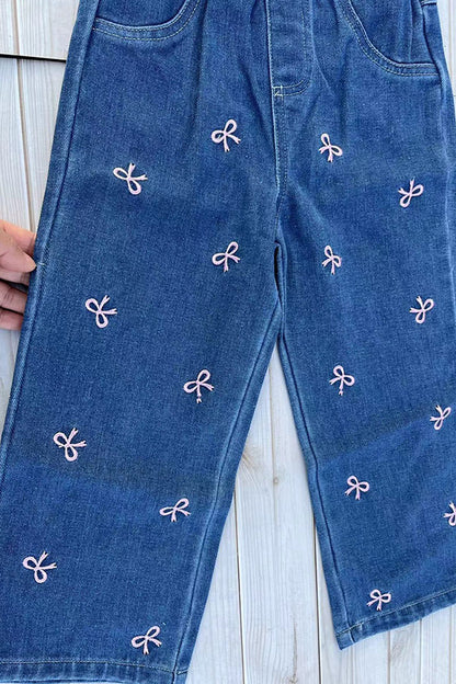 Pink short sleeve top & pink bow embroidery jeans 2pc girls set 251297M