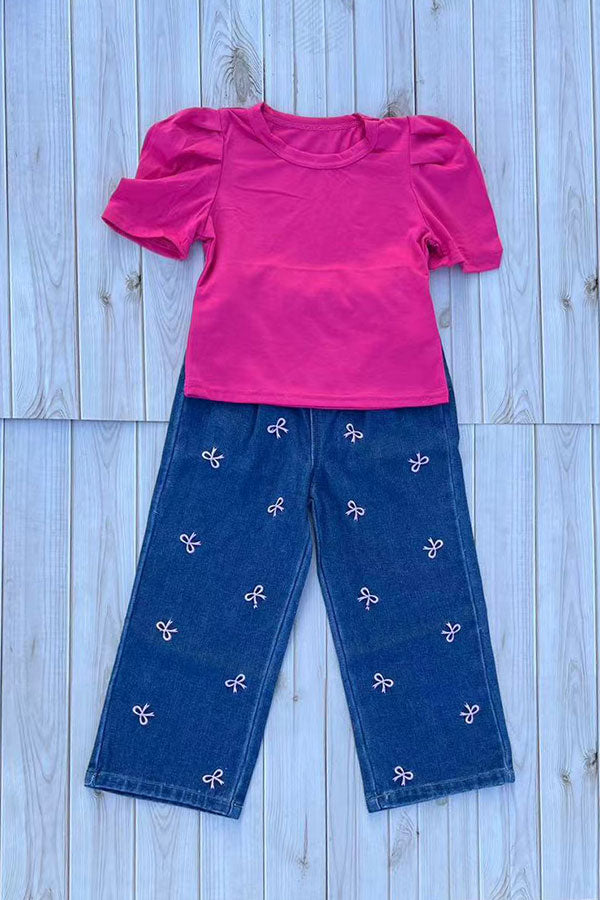Pink short sleeve top & pink bow embroidery jeans 2pc girls set 251297M