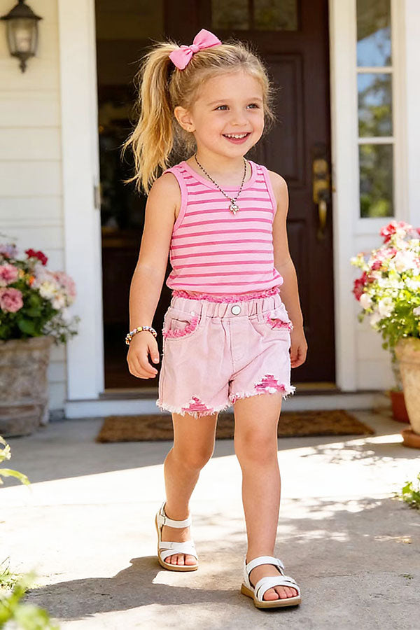 Casual girls pink distressed ripped denim shorts 251298M