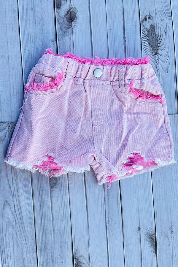 Casual girls pink distressed ripped denim shorts 251298M
