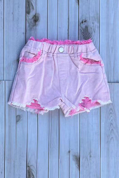 Casual girls pink distressed ripped denim shorts 251298M