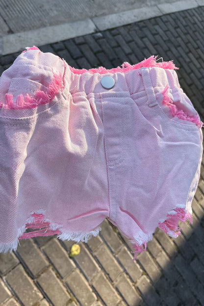 Casual girls pink distressed ripped denim shorts 251298M